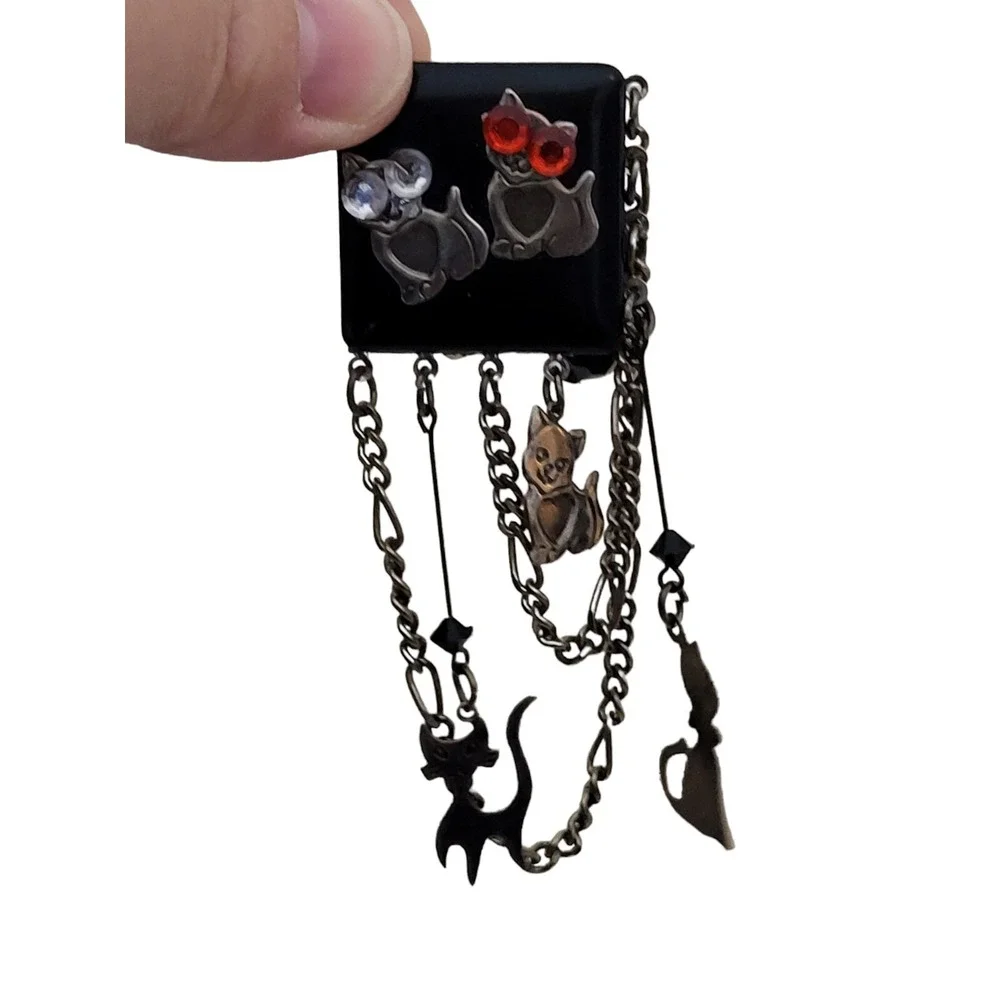 Vintage Art Deco Style Cats Dangle Brooch Pin Rhinestone Cat Eyes‎ Chain Beaded